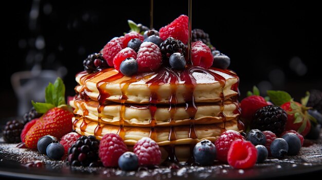 Kuchen mit Schokolade, dekoriert mit verschiedenen Beeren auf einem weißen Tisch. Erdbeeren, Blaubeeren, rot