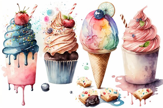 Kuchenset mit süßen Desserts Cupcake-Menü Bunte Aquarellillustration Generative ai