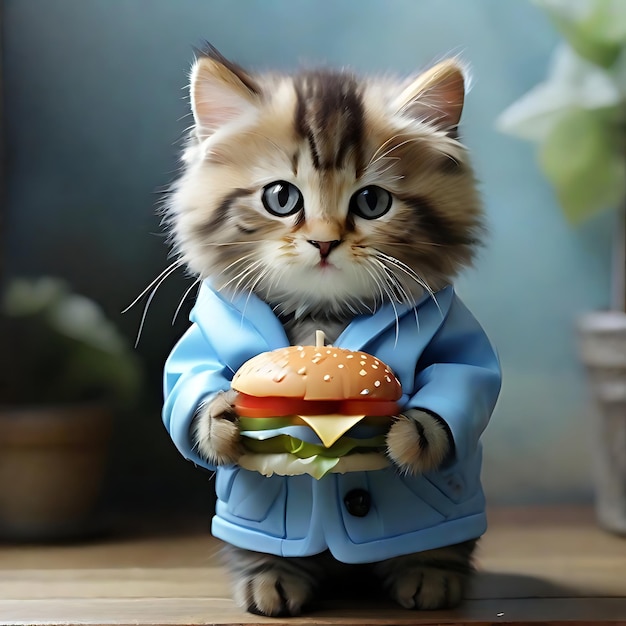 Kucing versi Beby gato comer hamburguesa color azul ai