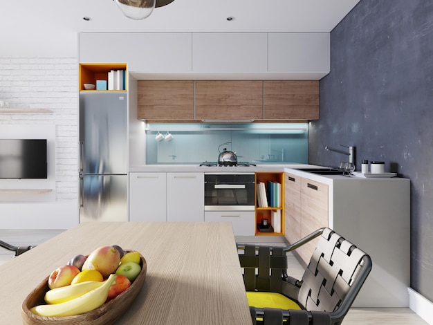 Küche in blau-weißer Farbe mit Esstisch im modernen Stil. 3D-Rendering.