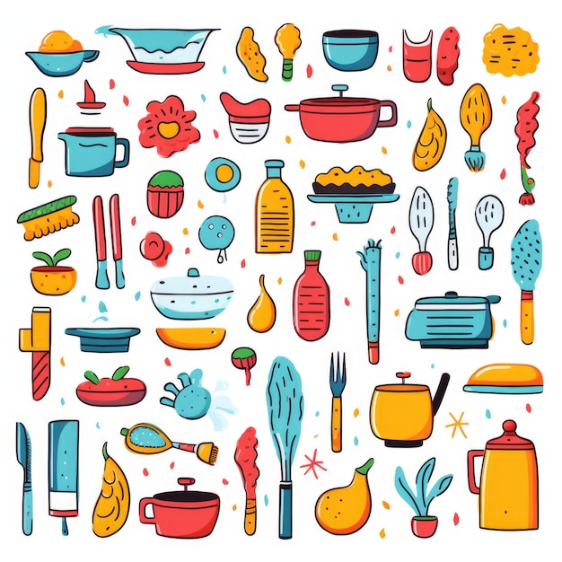 Küche liefert farbenfrohe Zeichnungen auf weißem Hintergrund Generative KI