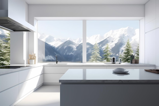 Küche mit weißen Wänden, gefliestem Boden, weißen Arbeitsplatten und Schränken und Esstischen in Weiß