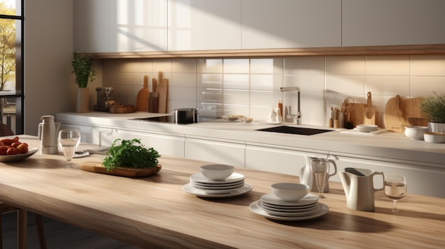 Küche moderne beige Küchenarbeitsplatten Induktionsherd versteckte Schrankhaube für Innendekoration Produktpräsentationshintergrund