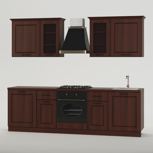 Küche. Möbel und Küchengeräte auf weißem Hintergrund. Beschneidungspfad enthalten. 3D-Rendering.