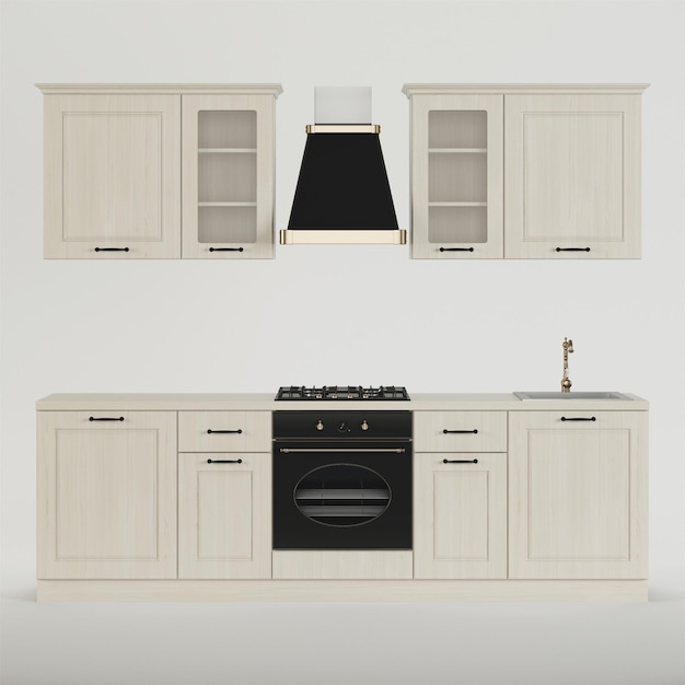 Küche. Möbel und Küchengeräte auf weißem Hintergrund. Beschneidungspfad enthalten. 3D-Rendering.