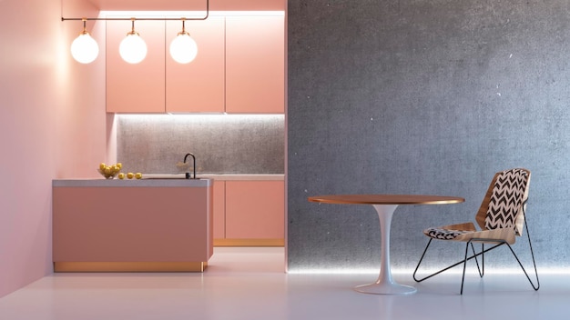Küche rosa minimalistisches interieur mit tisch stuhl lampe marmorboden betonwand d render illustr