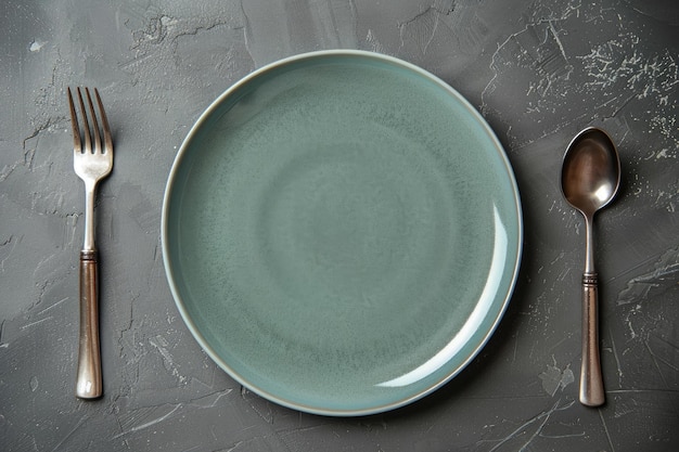 Küchen-Tischgestaltung mit Keramikplatte, Gabel, Löffel, Serviette