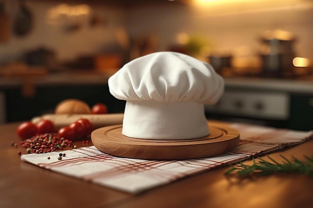 Foto küchenatmosphäre weißer kochhut auf einem tisch mit kopie