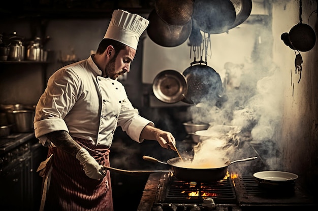 Küchenchef bereitet Essen in der Küche eines Restaurants zu.