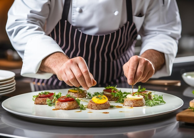 Küchenchef bereitet Essen in der Küche vor, Küchenchef kocht in der Küchen, Küchechef schmückt Geschirr in Nahaufnahme