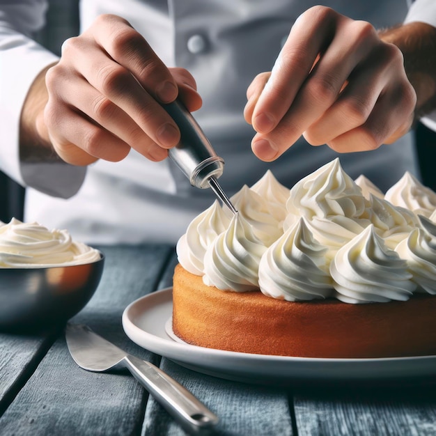 Küchenchef bereitet Schlagsahnkuchen vor