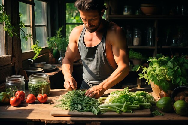 Foto küchenchef bereitet zutaten vor, um ein gericht in der küche zu kochen