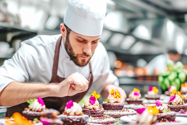 Foto küchenchef, der teller mit blumendesserts schmückt, um kulinarische fähigkeiten für die haute cuisine zu demonstrieren