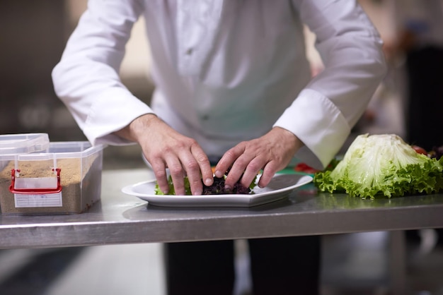 Küchenchef in der Hotelküche, der Speisen, leckeres Gemüse und Fleischgerichte zubereitet und dekoriert