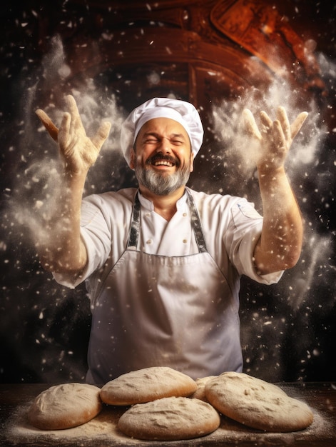 Foto küchenchef klatscht hände voll mehl über frischem teig