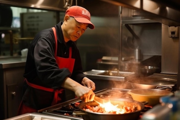 Küchenchef kocht asiatisches Huhn in einer Kaffeeküche