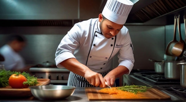 Küchenchef kocht Essen im Restaurant, Küchenchef bereitet Essen vor, Close-up des Küchenchefs in der Küche