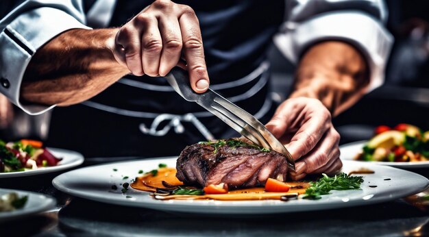 Küchenchef kocht Essen im Restaurant, Küchenchef bereitet Essen vor, Nahaufnahme des Küchenchefs in der Küche