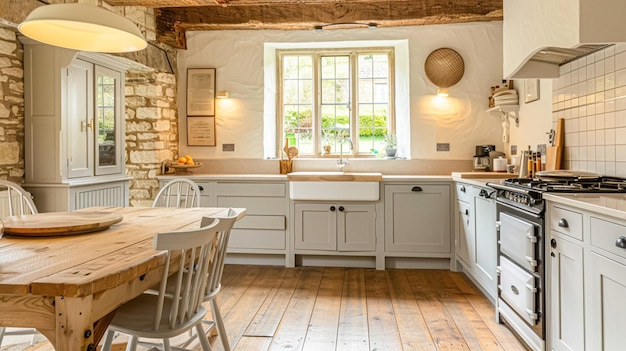 Küchendekoration im Cotswolds-Cottage-Stil Innenarchitektur und Landhaus im Rahmen Küchenkabinett Waschbecken Ofen und Arbeitsplatte Englisches ländliches Styling