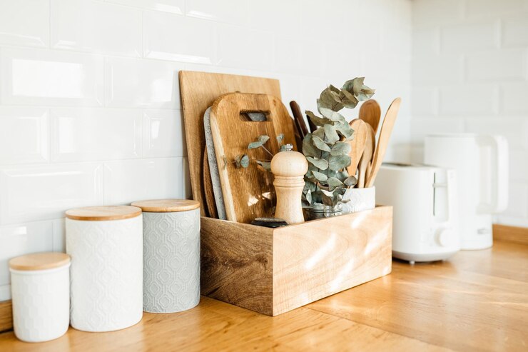Foto küchendetails zubehör keramikgläser holztisch