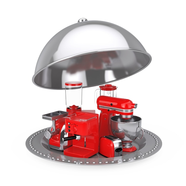 Küchengeräte-Set. Red Blender, Toaster, Kaffeemaschine, Meat Ginder, Food Mixer und Kaffeemühle mit Silver Restaurant Cloche auf weißem Hintergrund. 3D-Rendering