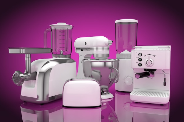 Küchengeräte-Set. Weißer Mixer, Toaster, Kaffeemaschine, Meat Ginder, Food Mixer und Coffee Grinder auf rosa Hintergrund. 3D-Rendering