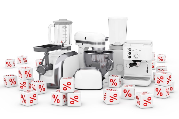 Küchengeräte-Set. Weißer Mixer, Toaster, Kaffeemaschine, Meat Ginder, Food Mixer und Kaffeemühle mit Red Discount Percent Cubes auf weißem Hintergrund. 3D-Rendering