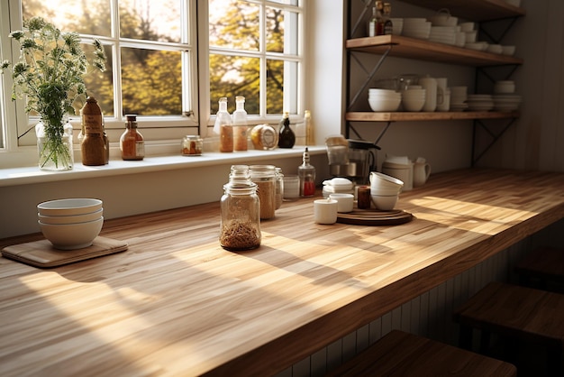 Kücheninterieur mit hölzerner Arbeitsplatte und Küchenutensilien im Sonnenlicht