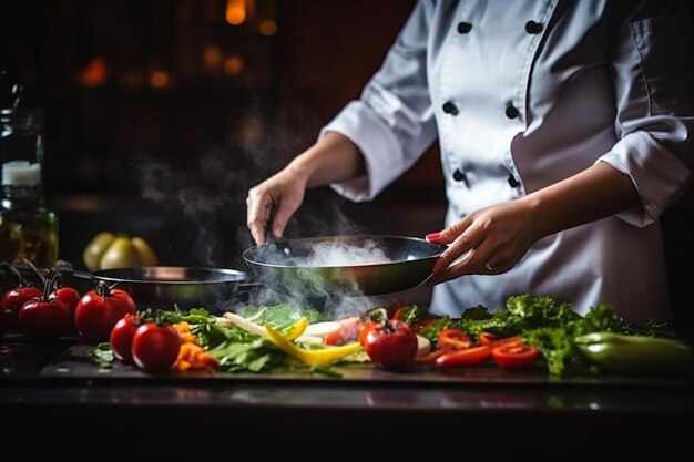 Küchenköchin kocht Gemüse in der Pfanne