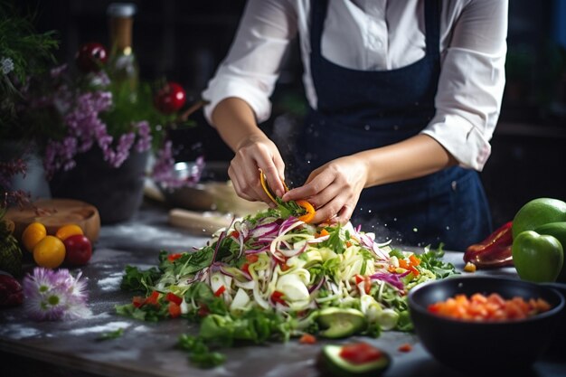 Küchenköchin salzt den Gemüsesalat in der Küche