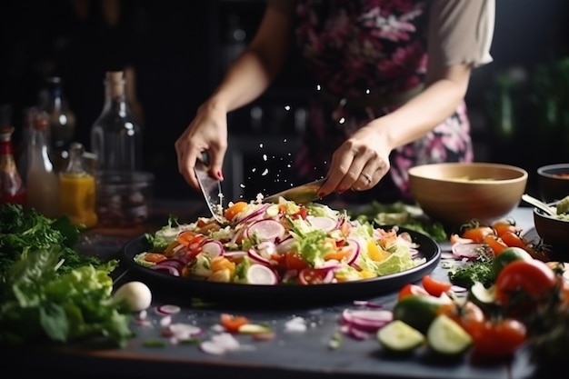 Küchenköchin salzt den Gemüsesalat in der Küche