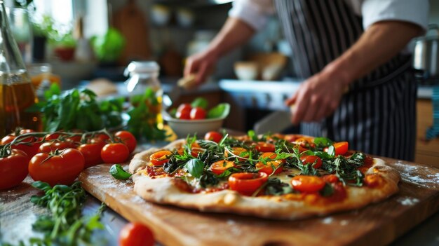 Foto küchenkreativität ein schnappschuss eines jungen mannes, der eine geschmackvolle gemüse-pizza zusammensetzt