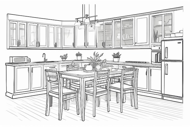 Foto küchenmöbel mit tischumrissskizze vektorillustration im flachen linienstil