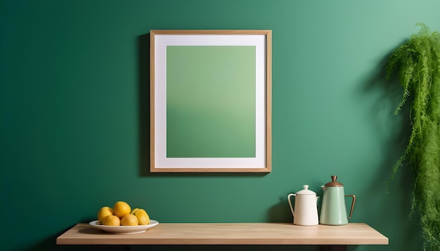 Küchenraumatmosphäre mit einem faszinierenden Fotorahmen, der elegant an einer hellgrünen Wand montiert ist
