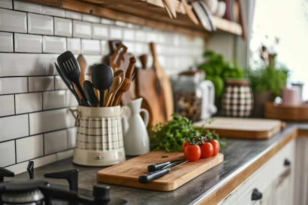 Foto küchenutensilien auf einer stilvollen küchenplatte küchenwerkzeuge generative ki