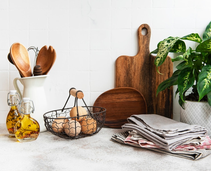 Foto küchenutensilien, werkzeuge und geschirr auf der weißen fliesenwand des hintergrundes. interieur, moderner küchenraum in hellen farben. leerzeichen für einen text, vorderansicht