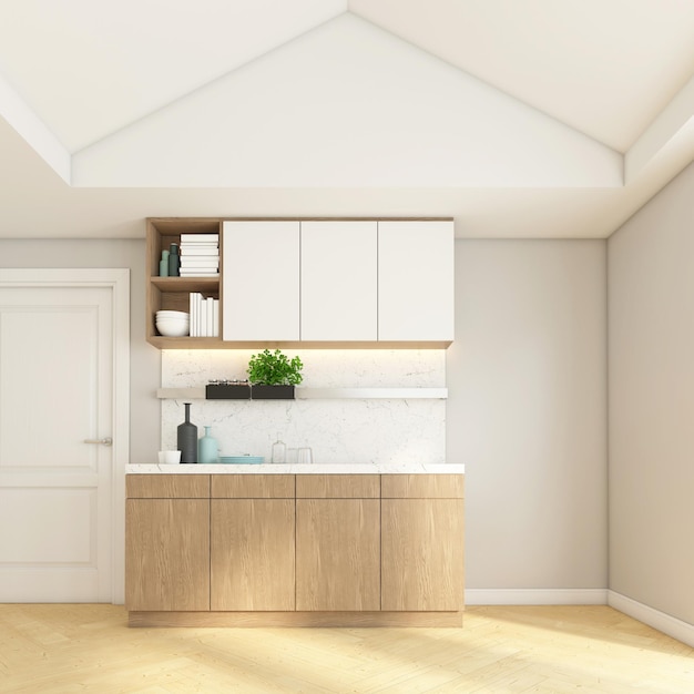 Küchenzeile mit eingebauten Theken und Holzschrank 3D-Rendering