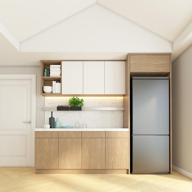 Küchenzeile mit eingebauten Theken und Holzschrank 3D-Rendering