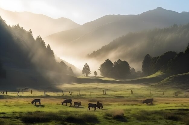 Kühe auf einem Feld mit Bergen im Hintergrund