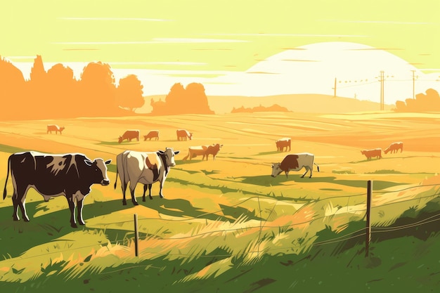 Kühe, die auf einer Farm mit Sonnenlicht grasen Farmlandschaftsillustration mit generativer KI