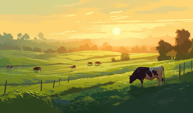 Kühe, die auf einer Farm mit Sonnenlicht grasen Farmlandschaftsillustration mit generativer KI