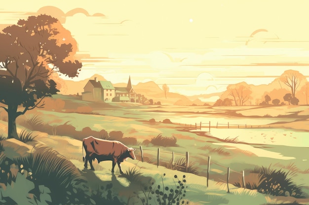 Kühe, die auf einer Farm mit Sonnenlicht grasen Farmlandschaftsillustration mit generativer KI