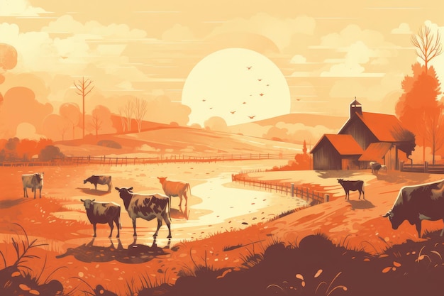 Kühe, die auf einer Farm mit Sonnenlicht grasen Farmlandschaftsillustration mit generativer KI