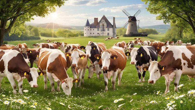 Foto kühe, die im frühling milch für gruyère-käse produzieren, in frankreich