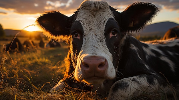 Kühe herden auf einem Grasfeld während des Sommers bei Sonnenuntergang Eine Kuh schaut in die Kamera Sonnenstrahlen