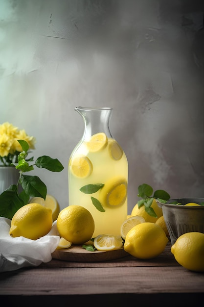 Kühle frisch zubereitete Limonade und Zitronenfrüchte auf grauem Hintergrund. Platz für von der KI generierter Text