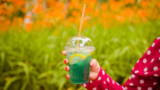 Kühle Limonade in transparenter Tasse mit Strohhalm in den Händen einer anonymen Frau Nicht erkennbare Person, die ein alkoholfreies Getränk im Stadtpark hält