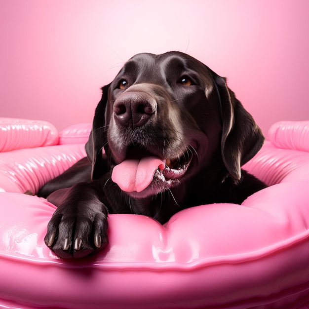 kühlender Hund in einem rosa Float