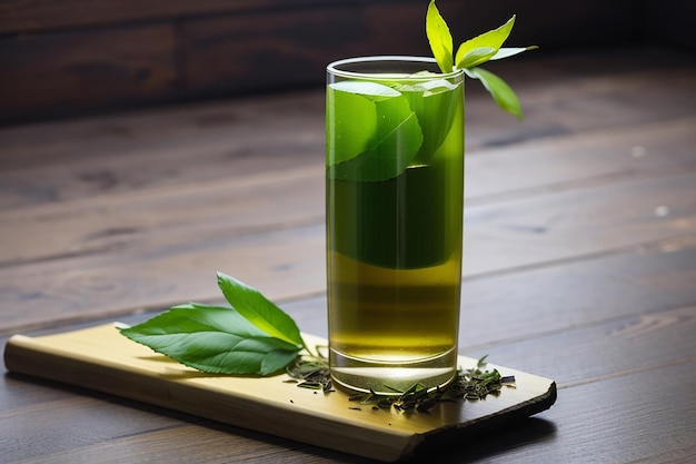 Kühler grüner Tee in einem hohen Glas auf dem Dielenboden