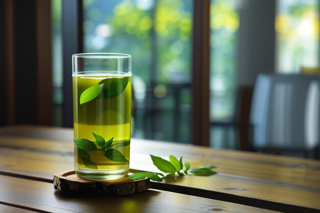 Kühler grüner Tee in einem hohen Glas auf dem Dielenboden